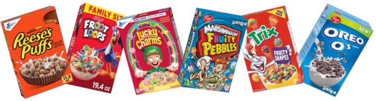 Crales Reese's Puffs, Froot Loops, Lucky Charsm, Fruity Pebbles, Trix, Oreo O's
